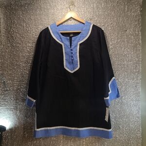 Style & Co Women Linen Tunic Top Size 20W Black Blue 3/4 Sleeve V-Neck NWT
